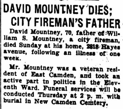 Obituary for David Mountney, father of city fireman William S. Mountney, Camden Courier-Post, September 15, 1936