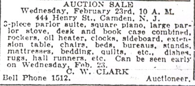 Auction sale advertisement for 444 Henry Street, Camden Courier-Post, February 1927