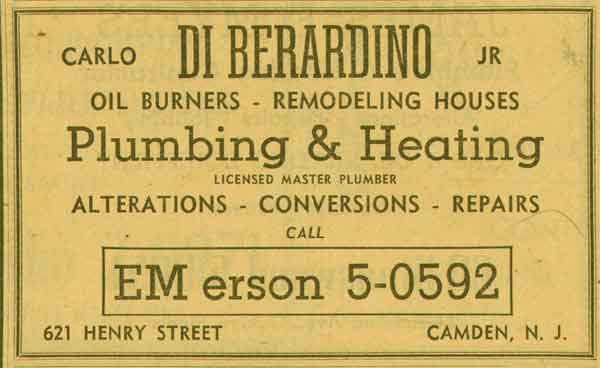 New Jersey Bell Telephone Yellow Pages advertisement, 1955 — Carlo Di Berardino Jr., Plumbing and Heating, 621 Henry Street, Camden