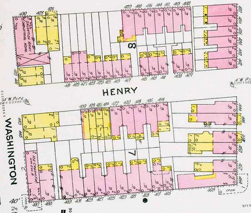1906 Sanborn map showing 421 through 431 Henry Street with rear entrances on West Street
