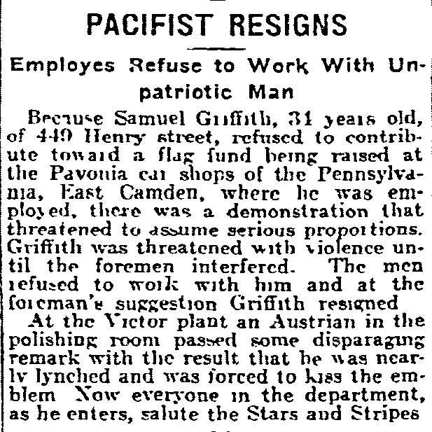 Philadelphia Inquirer, April 13, 1917 — Samuel Griffith of 449 Henry Street resigns from Pennsylvania Railroad after refusing to contribute to flag fund