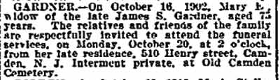 Philadelphia Inquirer obituary notice, October 20, 1902 — Mary E. Gardner of 510 Henry Street