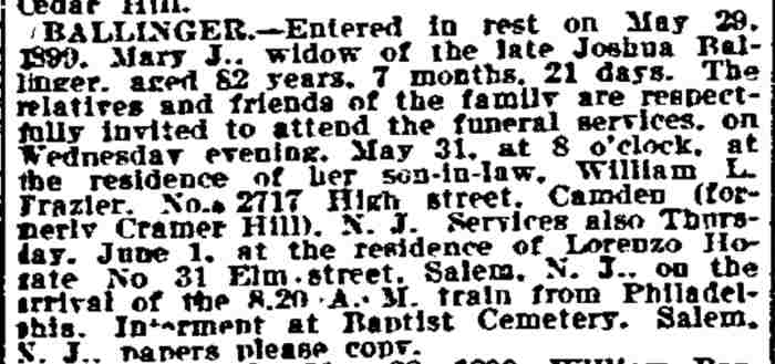 Ballinger death notice, Philadelphia Inquirer, May 31, 1899 — services at 2717 High Street, home of William L. Frazier