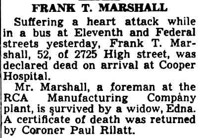 Frank T. Marshall obituary, Camden Courier-Post, October 23, 1941