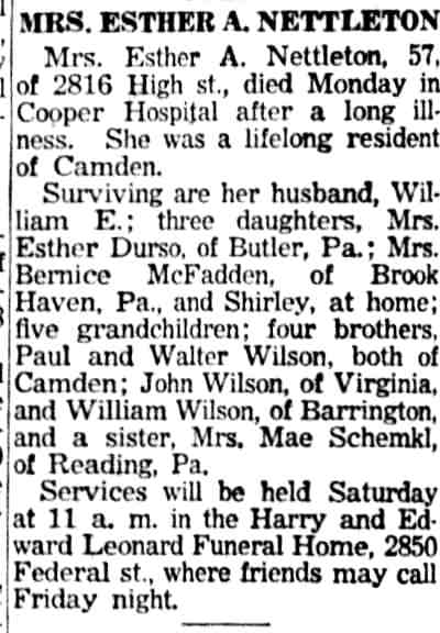Esther A. Nettleton obituary, Camden Courier-Post, March 15, 1955