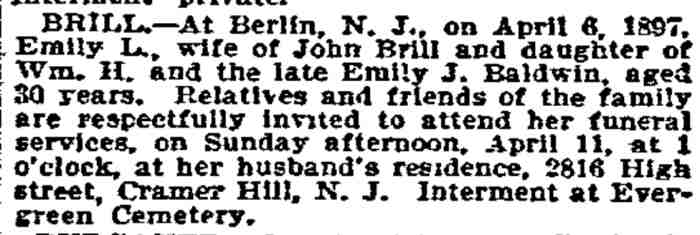 Brill death notice, Philadelphia Inquirer, April 11, 1897 — funeral at 2816 High Street
