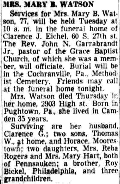 Mary B. Watson obituary, Camden Courier-Post, July 6, 1953