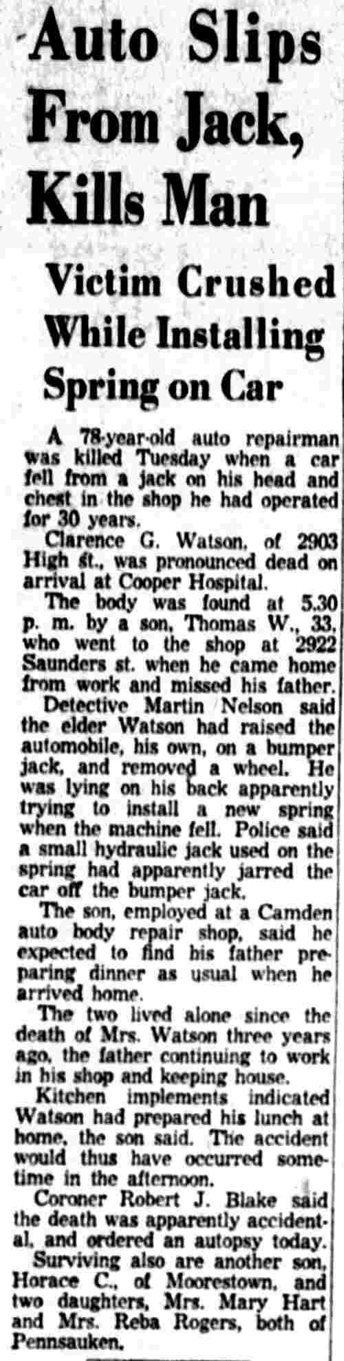 Auto Slips From Jack, Kills Man — Clarence G. Watson, 2903 High Street, Camden Courier-Post, November 15, 1955