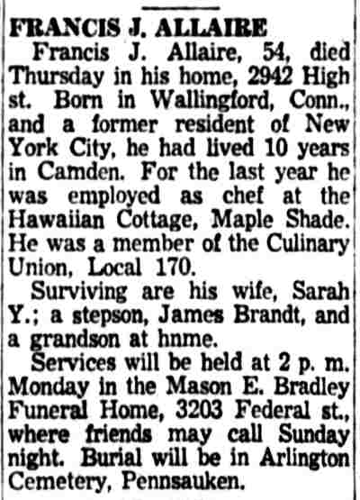 Francis J. Allaire obituary, Camden Courier-Post, September 20, 1957