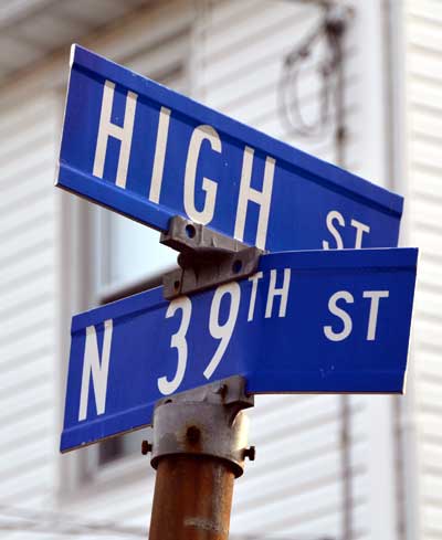Street sign at North 39th Street and High Street
