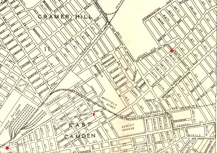 1946 map of High Street showing its beginning and end points marked with red boxes