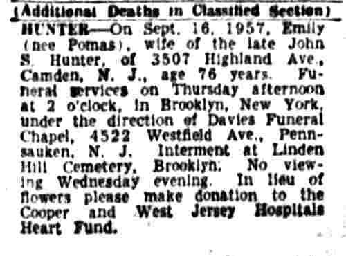 Emily Hunter obituary, 3507 Highland Avenue — Camden Courier-Post, September 17, 1957