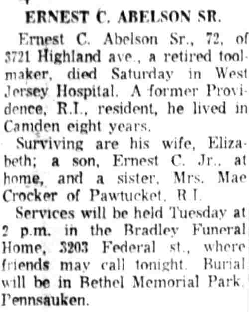 Ernest C. Abelson Sr. obituary, 3721 Highland Avenue — Camden Courier-Post, March 5, 1962