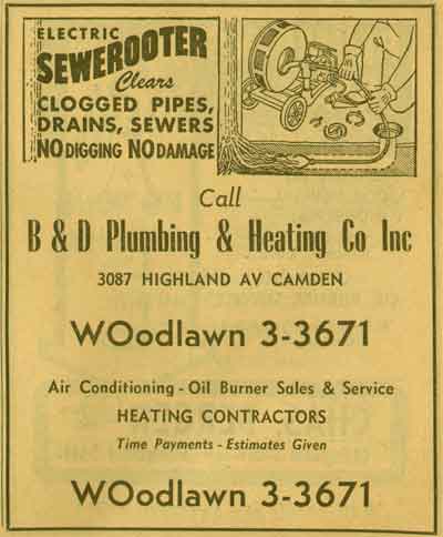 B & D Plumbing & Heating Co Inc, 3087 Highland Avenue — New Jersey Bell Yellow Pages advertisement, 1955