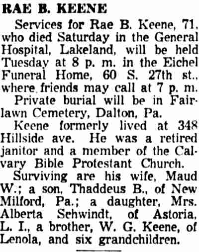 Rae B. Keene obituary, 348 Hillside Avenue — Camden Courier-Post, March 26, 1957