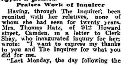 Praises Work of Inquirer — Mrs. Thomas Hatz, 912 Howard Street — Philadelphia Inquirer, April 27, 1913