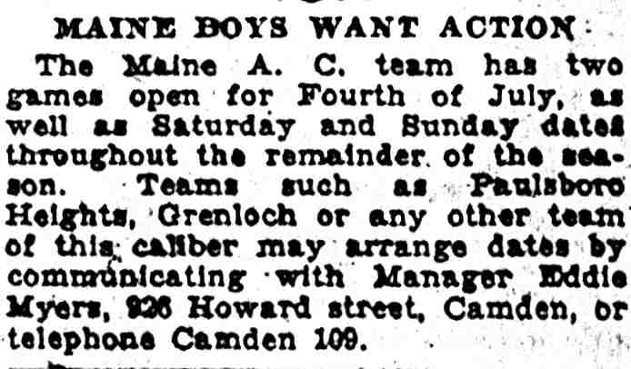 Maine Boys Want Action — Eddie Myers, 926 Howard Street — Camden Courier-Post, June 23, 1929