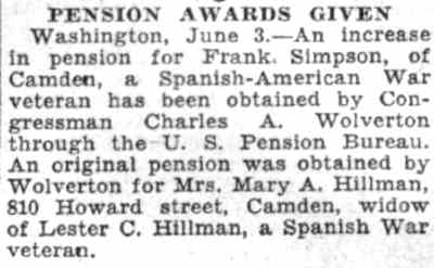 Pension Awards Given — Mrs. Mary A. Hillman, 810 Howard Street, Camden Courier-Post, June 4, 1932