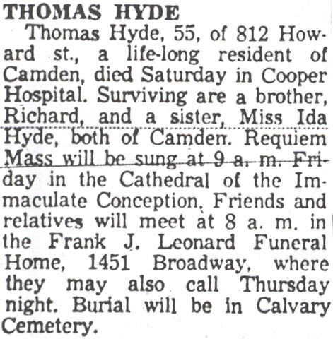 Thomas Hyde, 812 Howard Street — Camden Courier-Post, February 14, 1958
