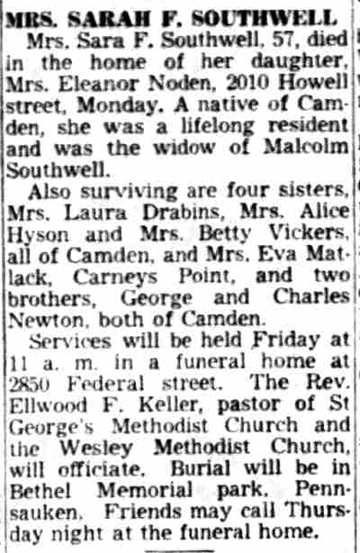 Obituary for Mrs. Sarah F. Southwell, 2010 Howell Street
