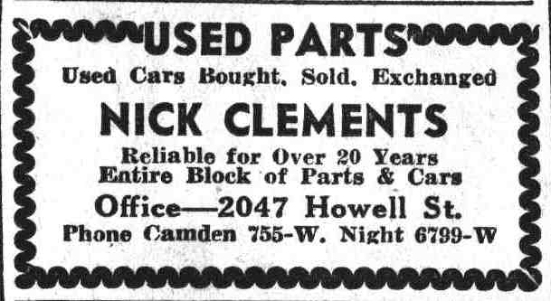 Nick Clements Used Parts advertisement, 2047 Howell Street