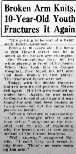 Broken Arm Knits, 10-Year-Old Youth Fractures It Again — Edwin Grimmer, 2204 Howell Street