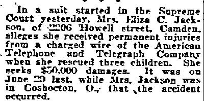 Mrs. Eliza C. Jackson lawsuit against American Telephone and Telegraph, 2206 Howell Street