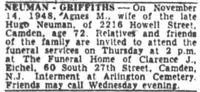 Neuman-Griffiths death notice, November 1948