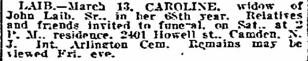 Death notice for Caroline Laib, 2401 Howell Street, 1918
