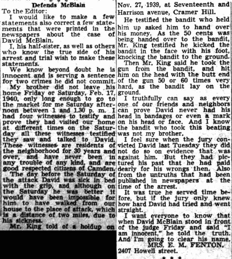 Defends McBlain — letter to editor from Mrs. E. M. Fenton, 2407 Howell Street, 1940