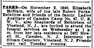 Parks obituary — Elizabeth McBlain, funeral from 2407 Howell Street, November 1940