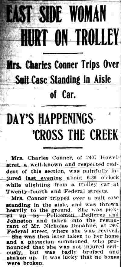 East Side Woman Hurt on Trolley — Mrs. Charles Conner, 2407 Howell Street, 1910