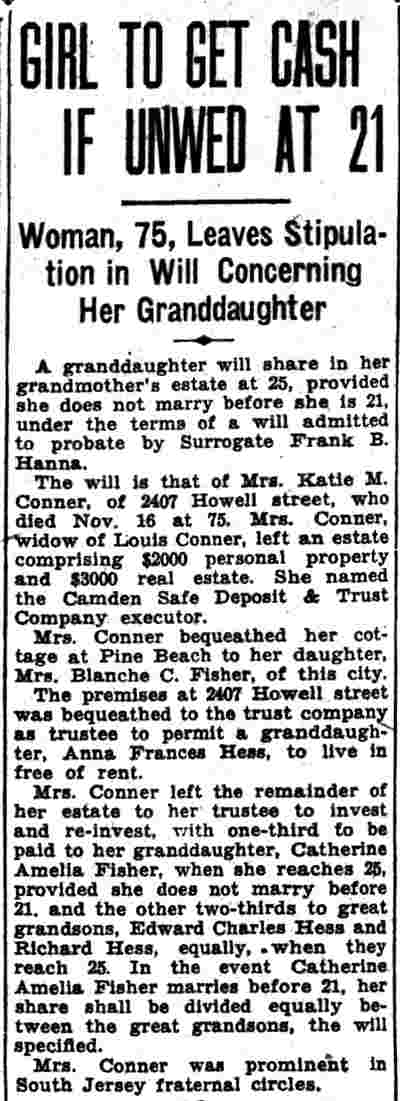 Girl to Get Cash If Unwed at 21 — Will of Mrs. Katie M. Conner, 2407 Howell Street, 1934