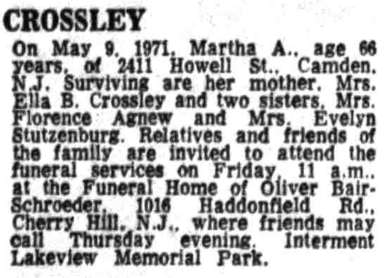 CROSSLEY obituary — Martha A., 2411 Howell Street, 1971