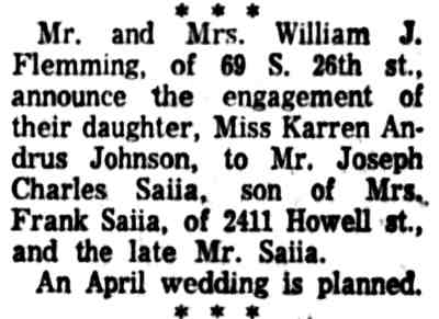 Engagement notice for Karren Andrus Johnson to Joseph Charles Saiia, 2411 Howell Street, 1960