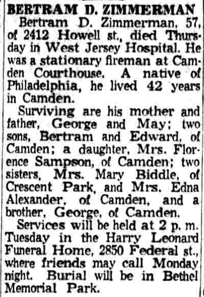 Bertram D. Zimmerman obituary, 2412 Howell Street, 1959