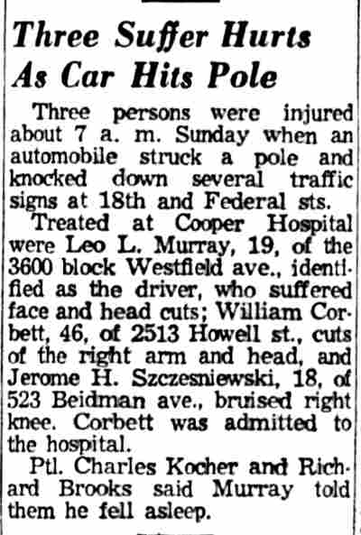 Three Suffer Hurts As Car Hits Pole — William Corbett, 2513 Howell Street, 1959