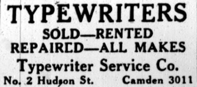 Typewriter Service Co., No. 2 Hudson Street — Camden Courier-Post advertisement, January 3, 1928