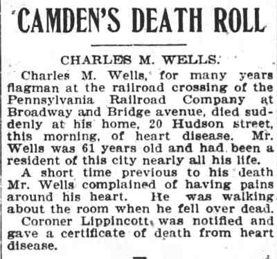 Charles M. Wells obituary, 20 Hudson Street — Camden Post-Telegram, September 16, 1905