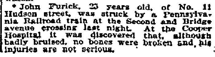 John Furick struck by Pennsylvania Railroad train — Philadelphia Inquirer, December 13, 1896