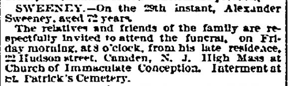 Alexander Sweeney obituary, 22 Hudson Street — Philadelphia Inquirer, August 31, 1893