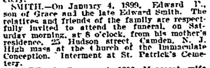 Edward P. Smith obituary, 25 Hudson Street — Philadelphia Inquirer, January 6, 1899