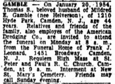 Thomas S. Gamble obituary, 1210 Hyde Park Street — Camden Courier-Post, January 20, 1954