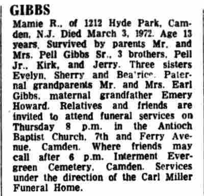 Mamie R. Gibbs obituary, 1212 Hyde Park Street — Camden Courier-Post, March 3, 1972