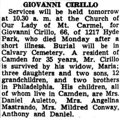 Giovanni Cirillo obituary, 1217 Hyde Park Street — Camden Courier-Post, March 12, 1941