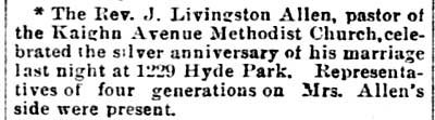 Rev. J. Livingston Allen silver anniversary — Philadelphia Inquirer, August 12, 1891
