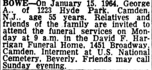 George A. Bowe death notice, 1223 Hyde Park Street — Camden Courier-Post, January 17, 1964