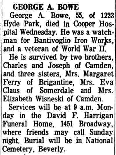 George A. Bowe obituary, 1223 Hyde Park Street — Camden Courier-Post, January 17, 1964