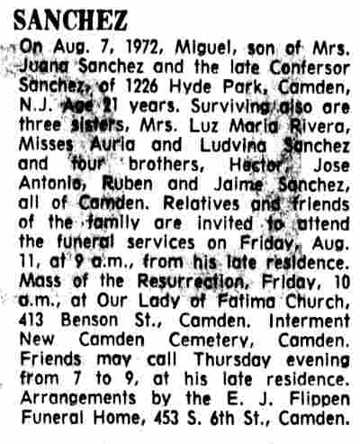 Miguel Sanchez obituary, 1226 Hyde Park Street — Camden Courier-Post, August 8, 1972