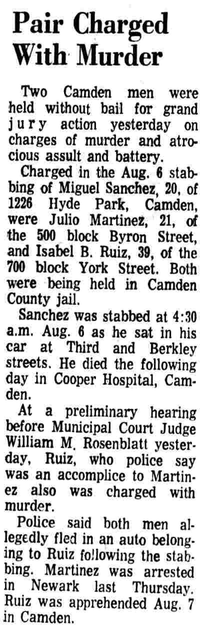 Pair Charged With Murder in Sanchez stabbing — Camden Courier-Post, August 18, 1972